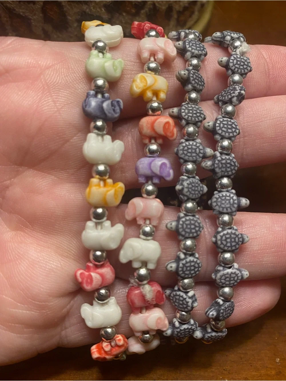 Pack of 4 Multicolor Elephant & Gray Turtle Bead Stretch Bracelets kids or adult